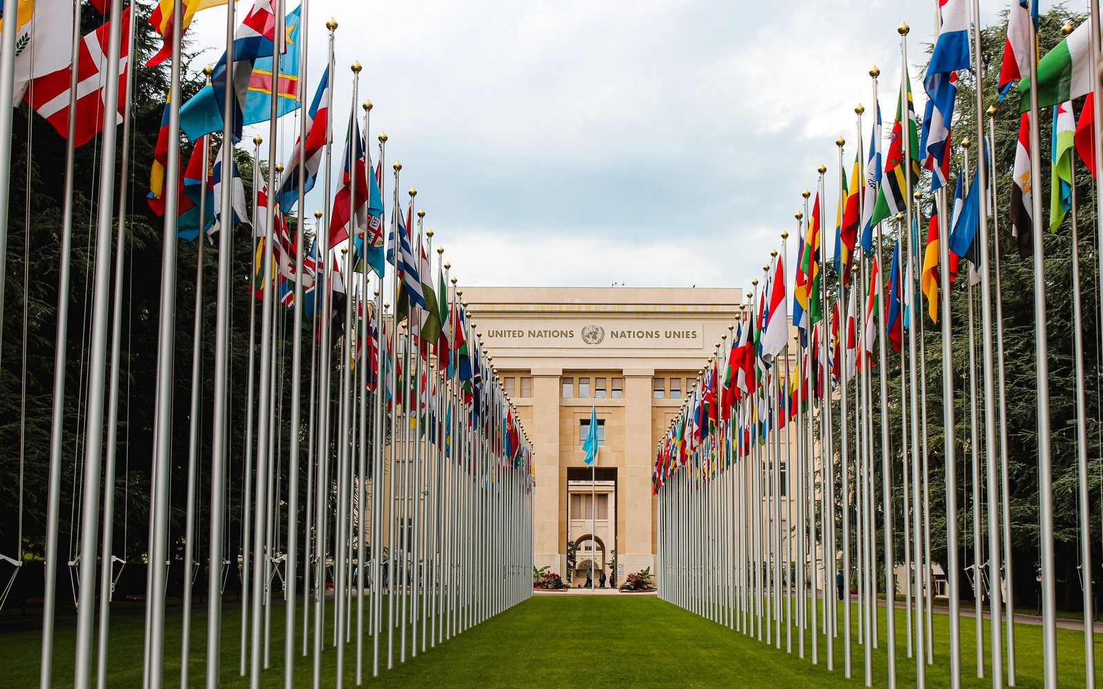 United Nations building surrounded by international flags